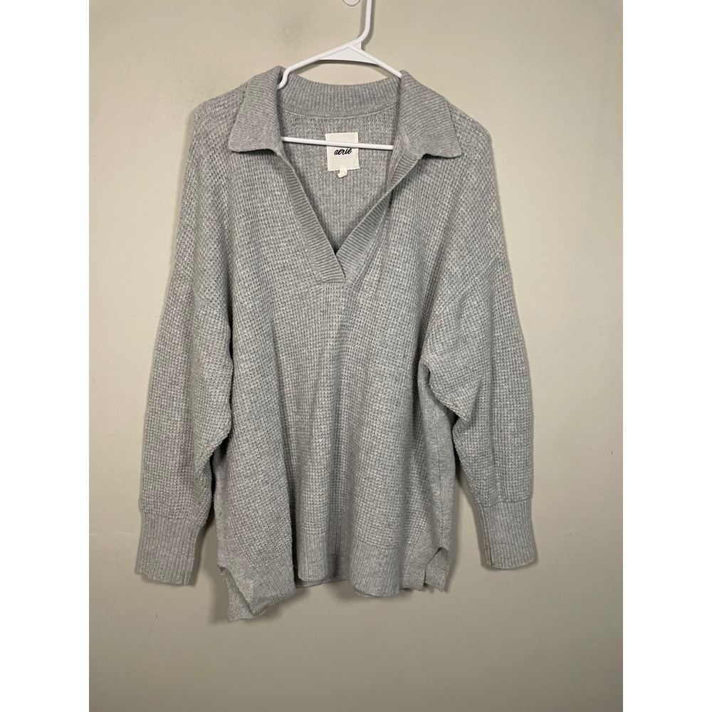 Aerie CozyUp Waffle Polo Sweater In Gray Size Medium Oversized Fall Knit Casual